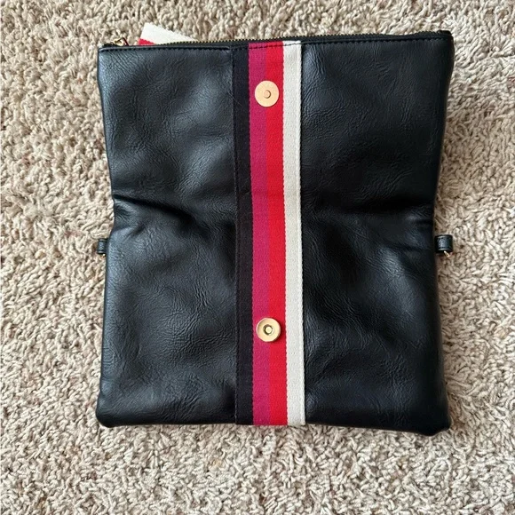 Aspen Lane Black Foldover Crossbody / Clutch with Red / Pink / White Stripe - Picture 2 of 3
